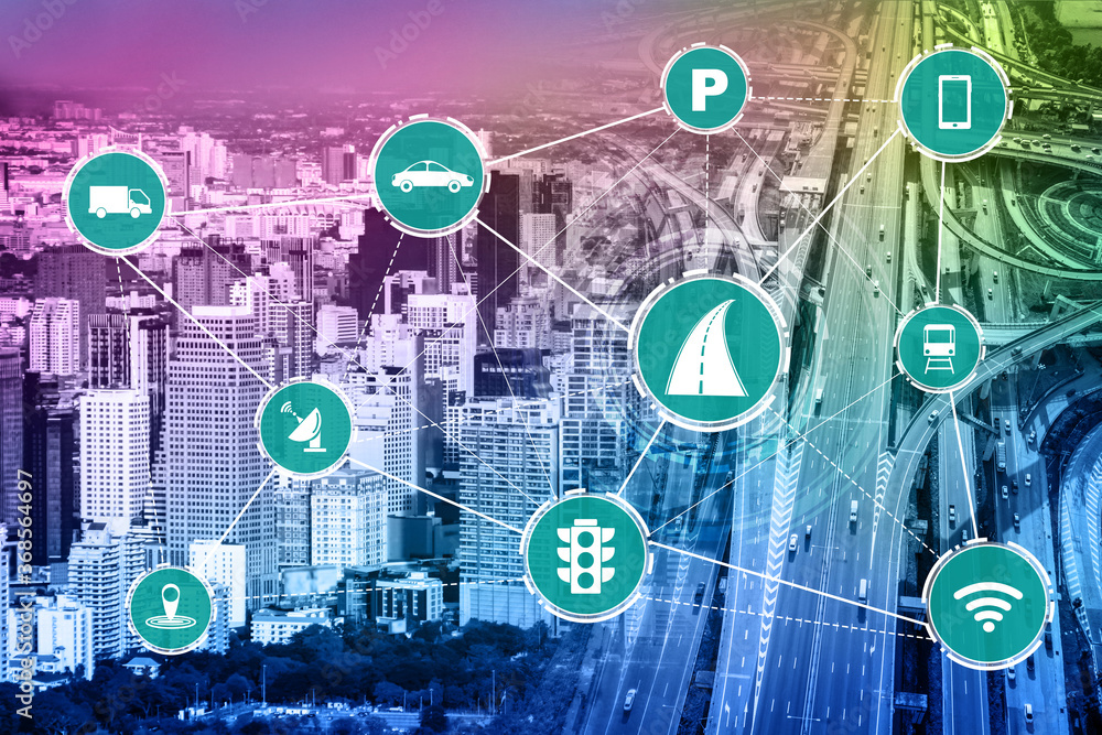 Smart transport technology concept for future car traffic on road . Virtual intelligent system makes