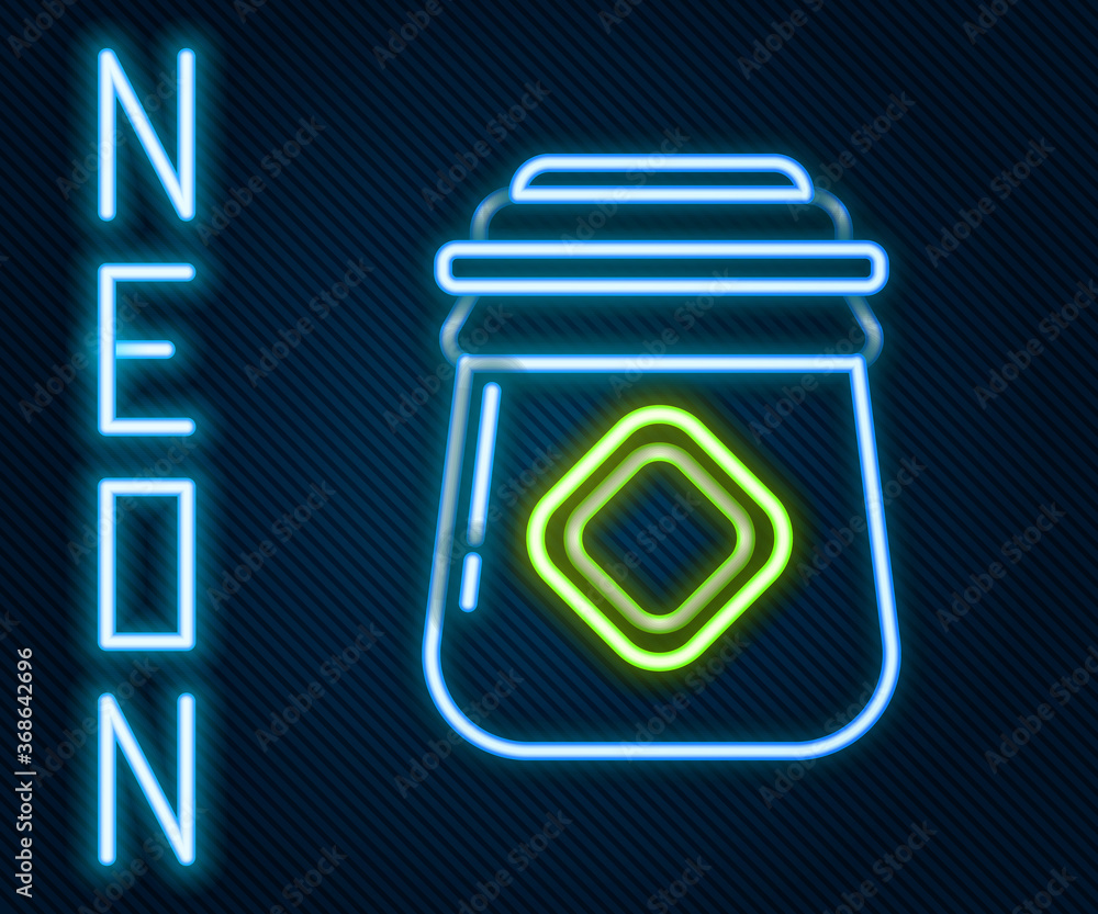 Glowing neon line Jar of honey icon isolated on black background. Food bank. Sweet natural food symb