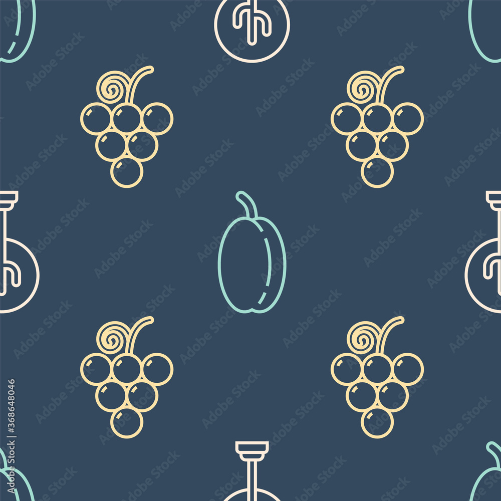 Set line Tree, Grape fruit and Plum fruit on seamless pattern. Vector.