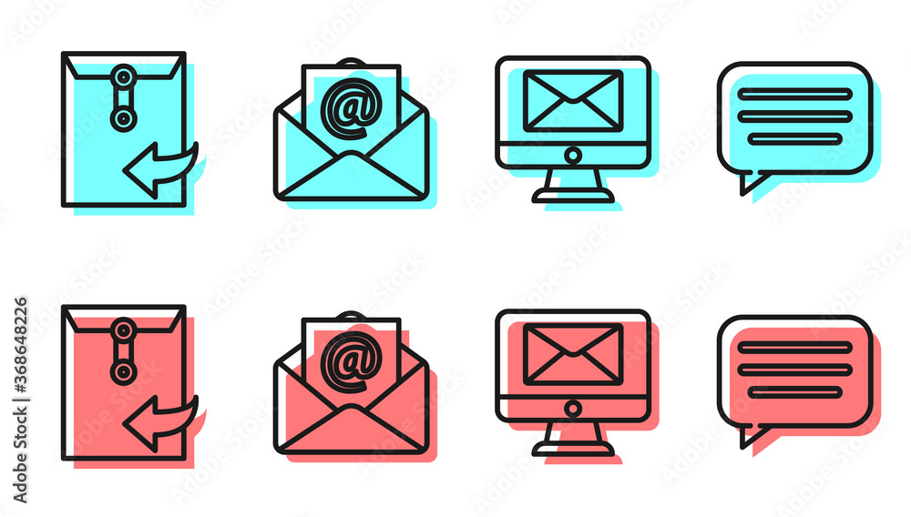 Set line Monitor and envelope, Envelope, Mail and e-mail and Speech bubble chat icon. Vector.