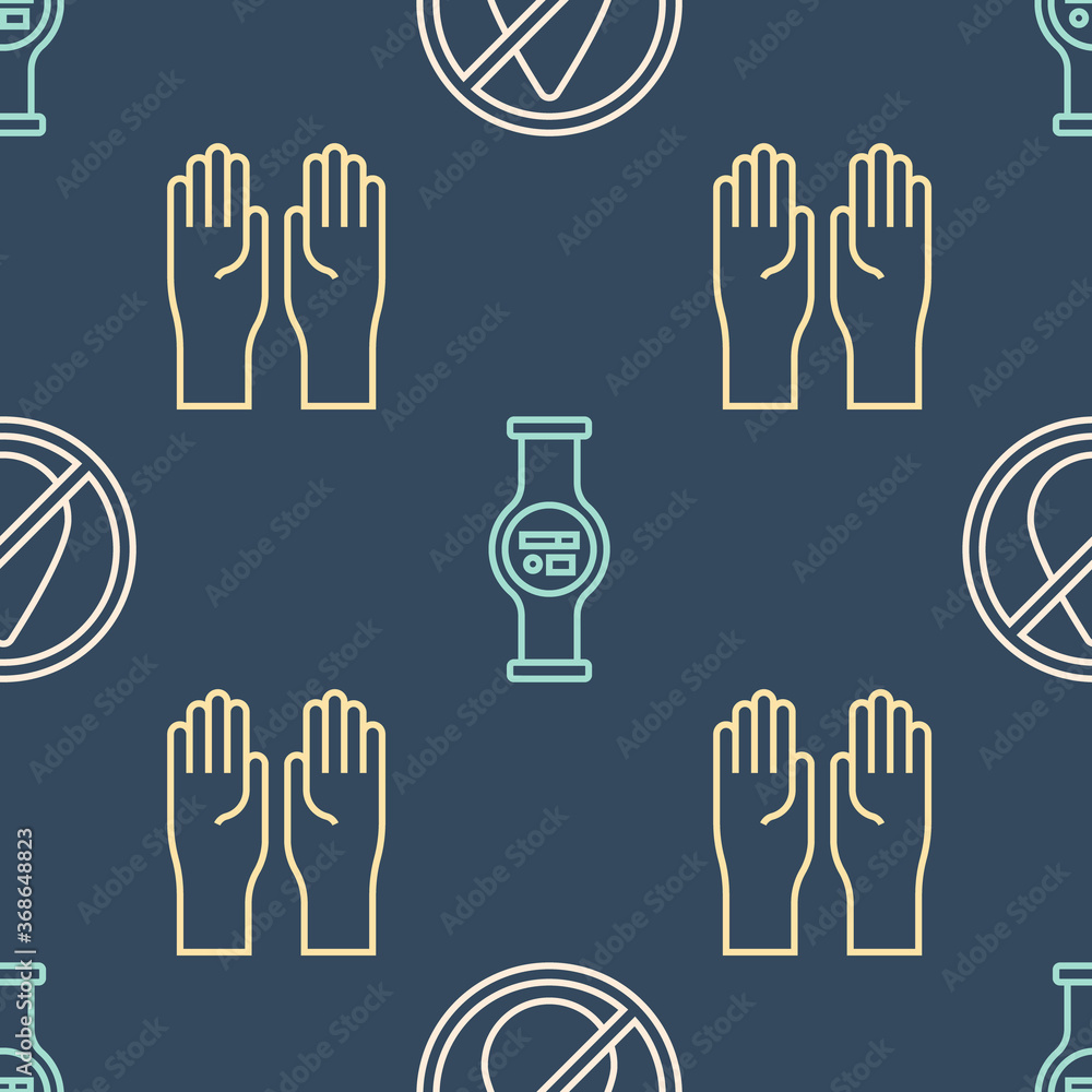 Set line Water drop forbidden, Rubber gloves and Water meter on seamless pattern. Vector.