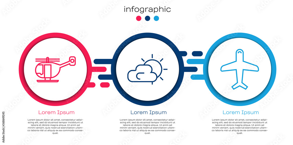 设置直升机、太阳和云天气以及飞机。商业信息图模板。矢量。