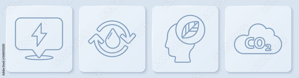 Set line Lightning bolt, Human head with leaf inside, Recycle clean aqua and CO2 emissions in cloud.