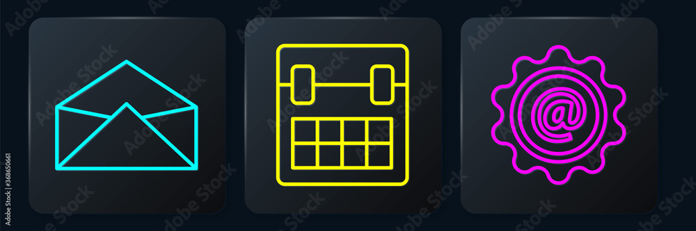 Set line Envelope, Mail and e-mail and Calendar. Black square button. Vector.