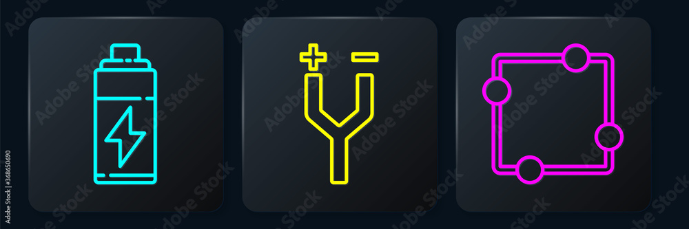 Set line Battery, Electric circuit scheme and Electric cable. Black square button. Vector.