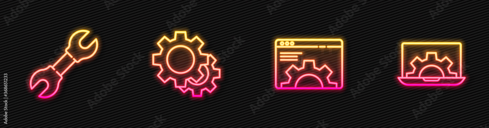 Set line Browser setting, Wrench spanner, Gear and Laptop and gear. Glowing neon icon. Vector.