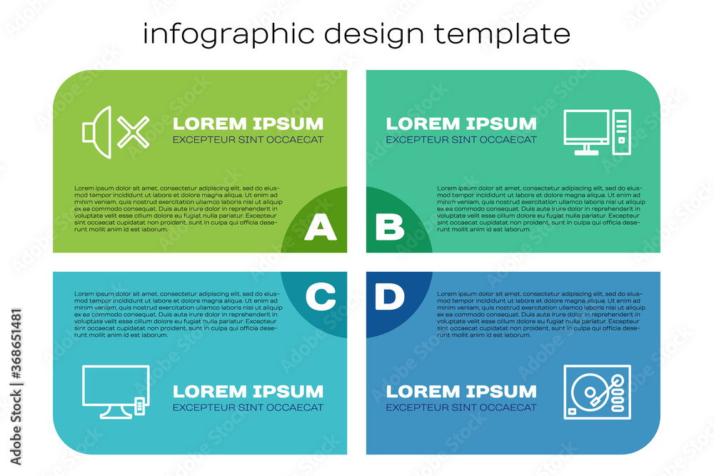 设置线智能电视、扬声器静音、乙烯基播放器和电脑显示器。商业信息图模板.V