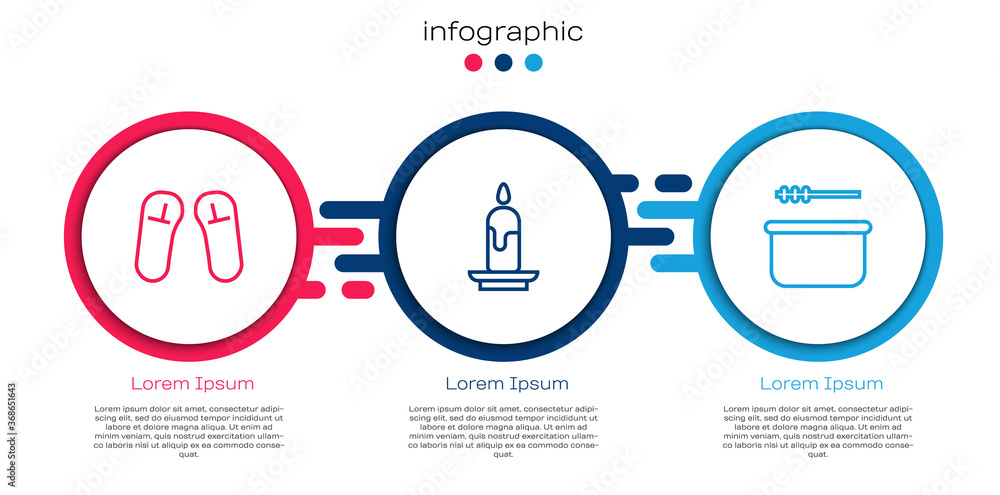 Set line Slipper，Burning candle and Sauna bucket lop。商业信息图模板。Vector。