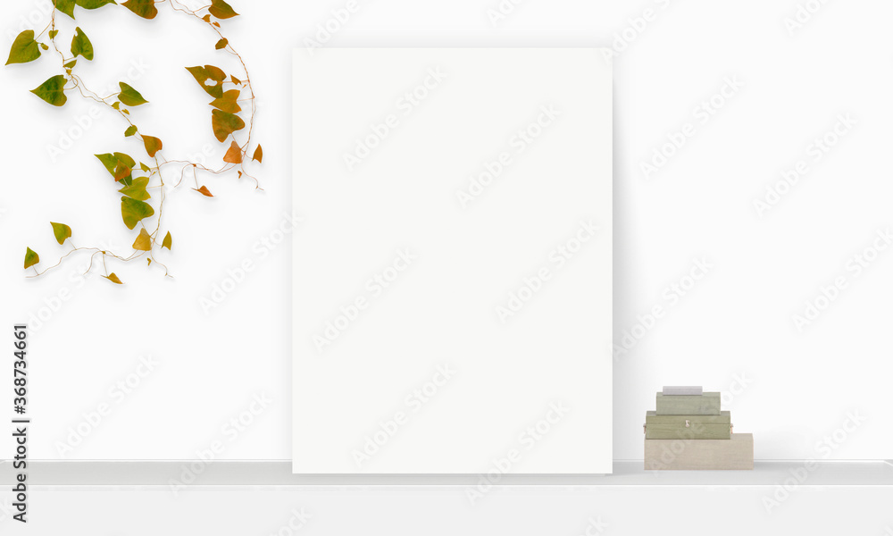 Interior vertical rectangular poster mockup standing on the table with autumn plant and decorations 