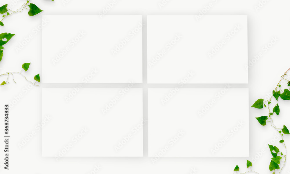 Four Interior horizontal rectangular poster mockups with plant and decorations on empty white wall b