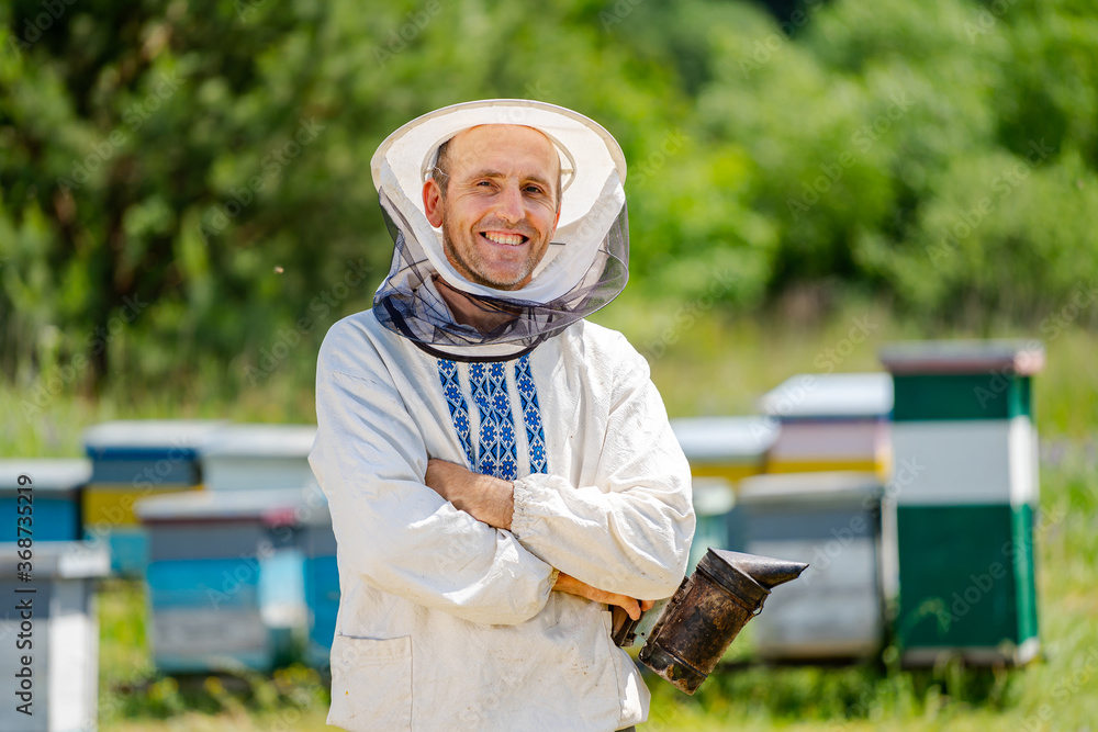 The beekeeper stands crosshands near apiary. Apiculture. Apiary.