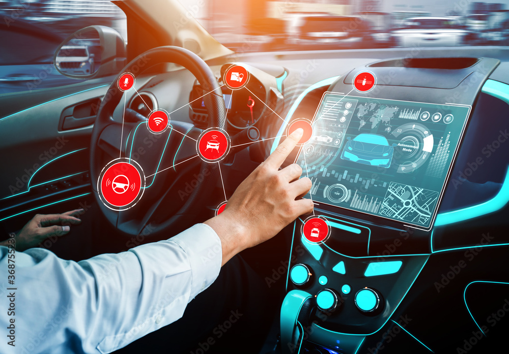 Driverless car interior with futuristic dashboard for autonomous control system . Inside view of coc