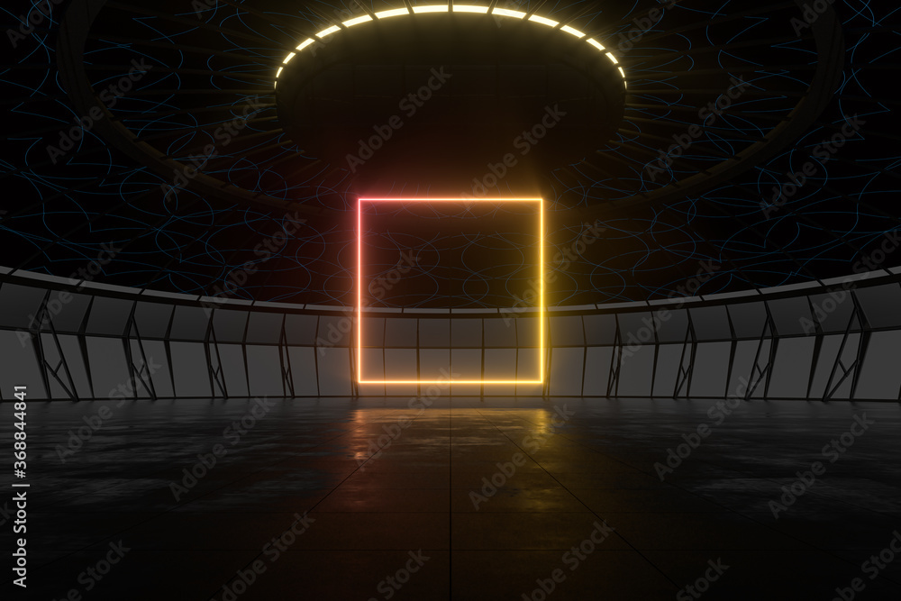 Round dark room with golden glowing frame inside, 3d rendering.