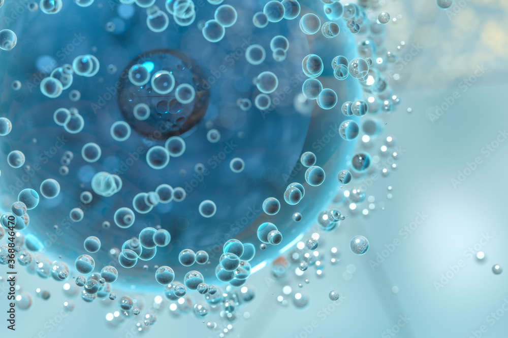 Blue atom spheres with bubbles on the surface, 3d rendering.