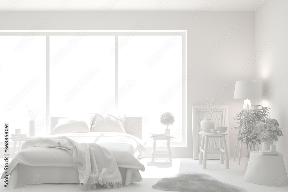 Modern bedroom in white color. Scandinavian interior design. 3D illustration