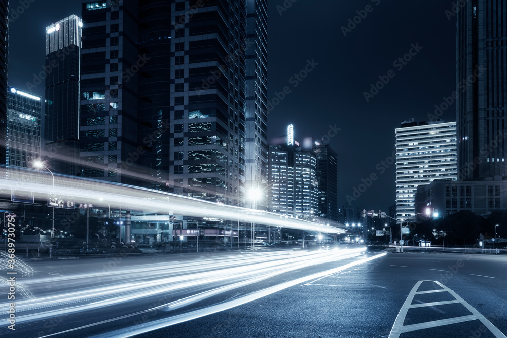 Night view of Lujiazui Financial District Street in Shanghai..