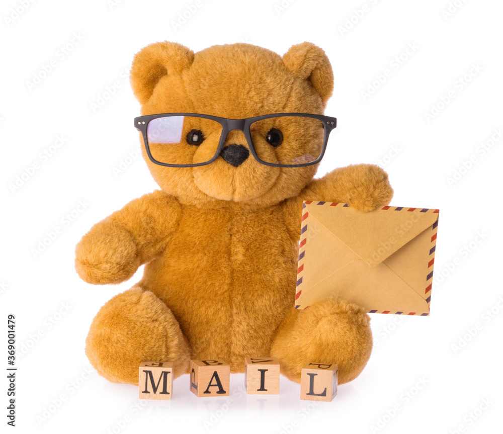 toy bear holding envelope mail concept isolated white background