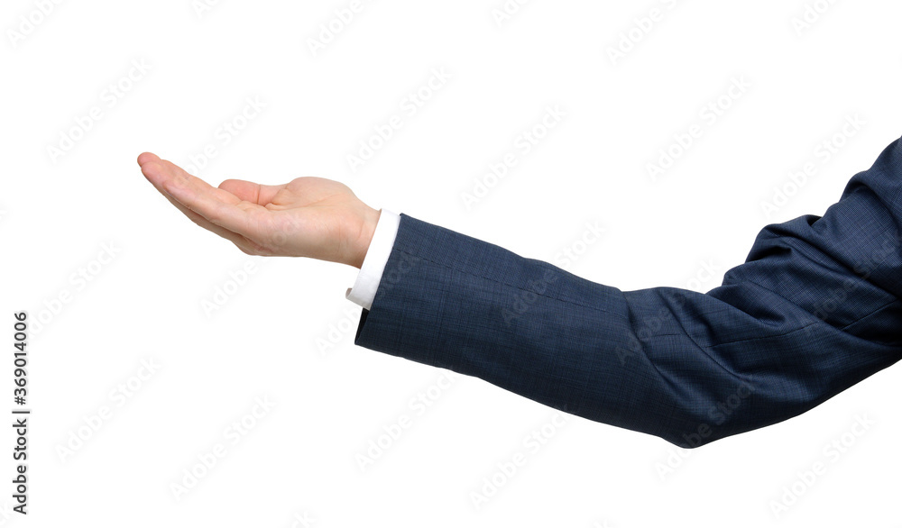 Businessman holding hand out in presentation on white