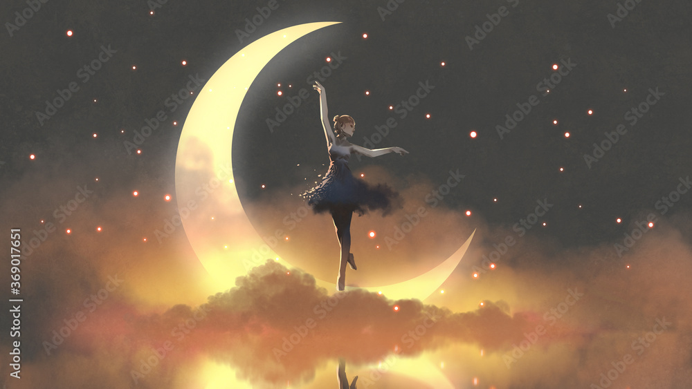 a ballerina dancing with fireflies against the crescent moon, digital art style, illustration painti