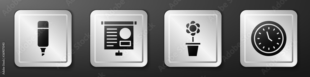 设置记号笔、带图表的黑板、花盆中的花朵和时钟图标。银色方形按钮。矢量。