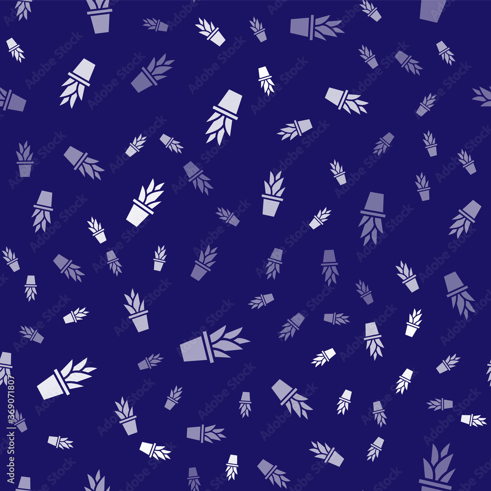 White Plant in pot icon isolated seamless pattern on blue background. Plant growing in a pot. Potted