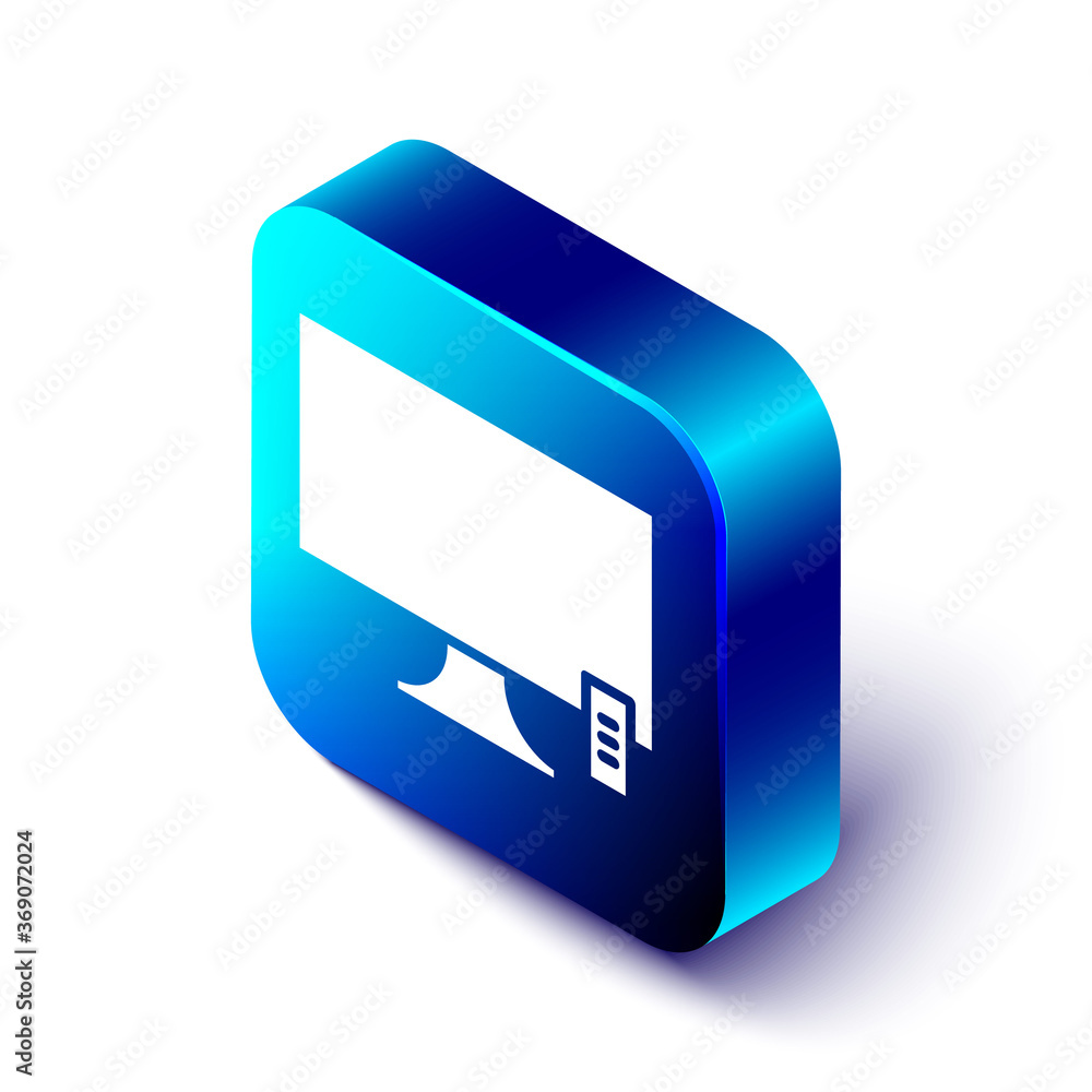 Isometric Smart Tv icon isolated on white background. Television sign. Blue square button. Vector Il