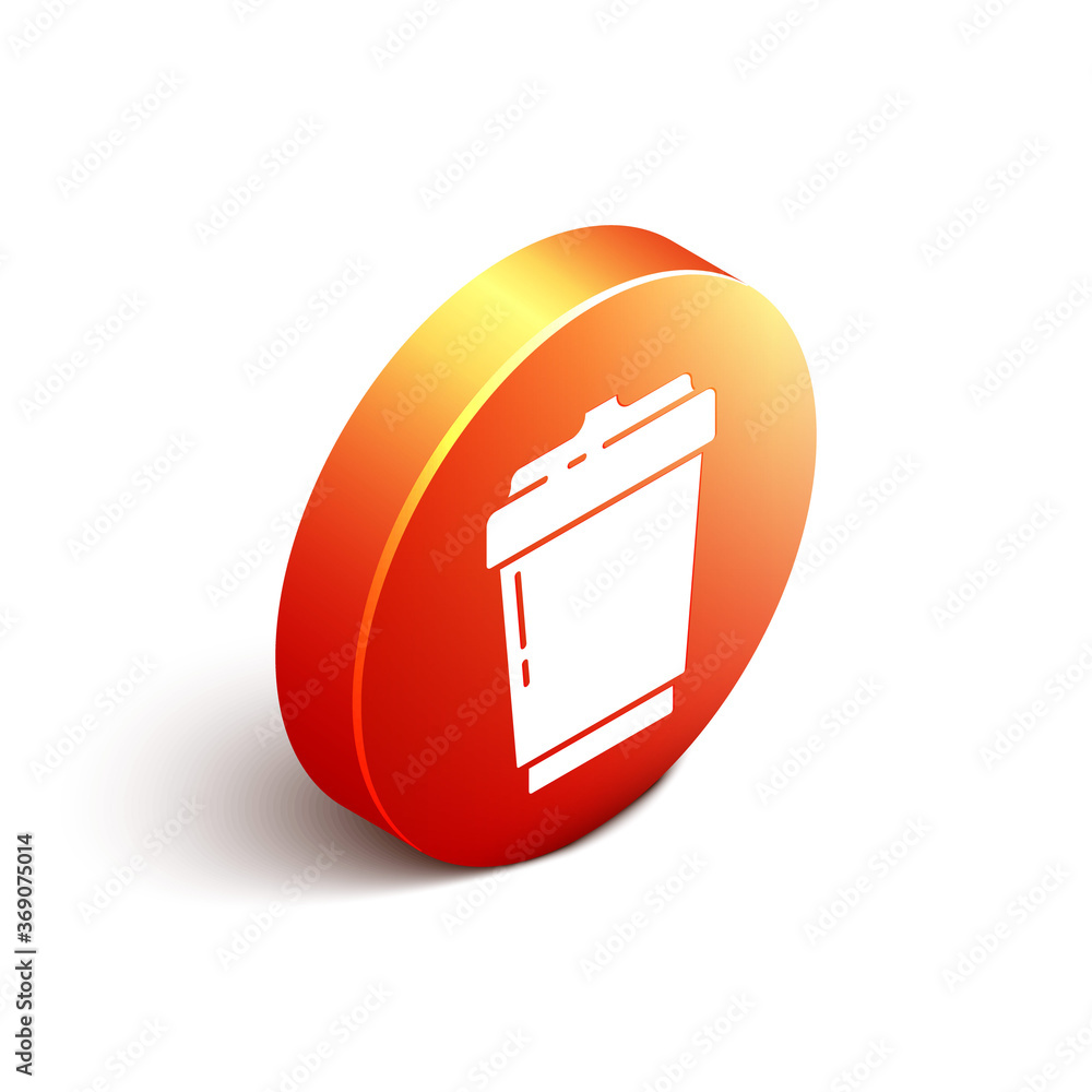 Isometric Coffee cup to go icon isolated on white background. Orange circle button. Vector Illustrat