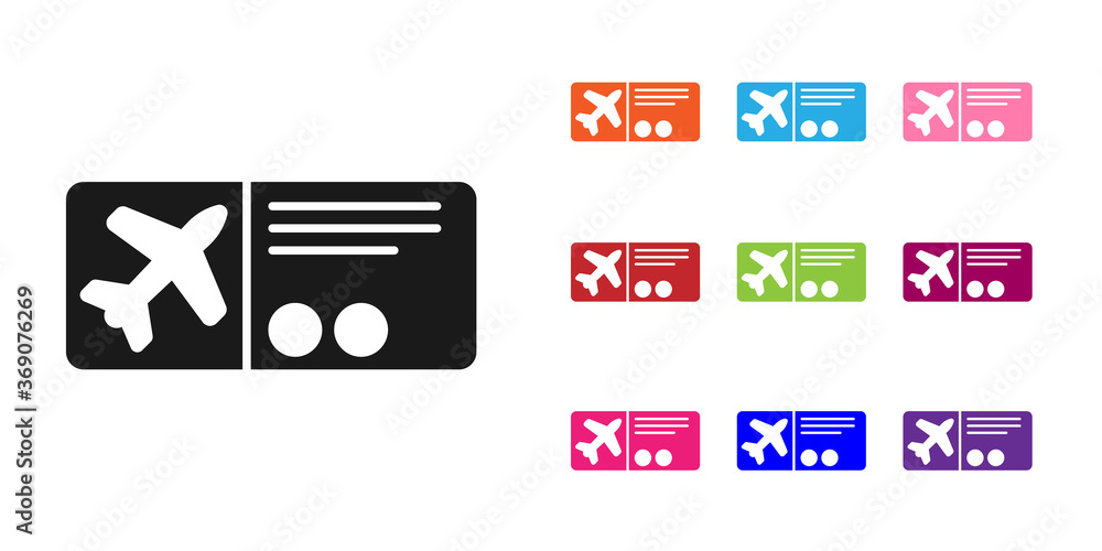 Black Airline ticket icon isolated on white background. Plane ticket. Set icons colorful. Vector Ill