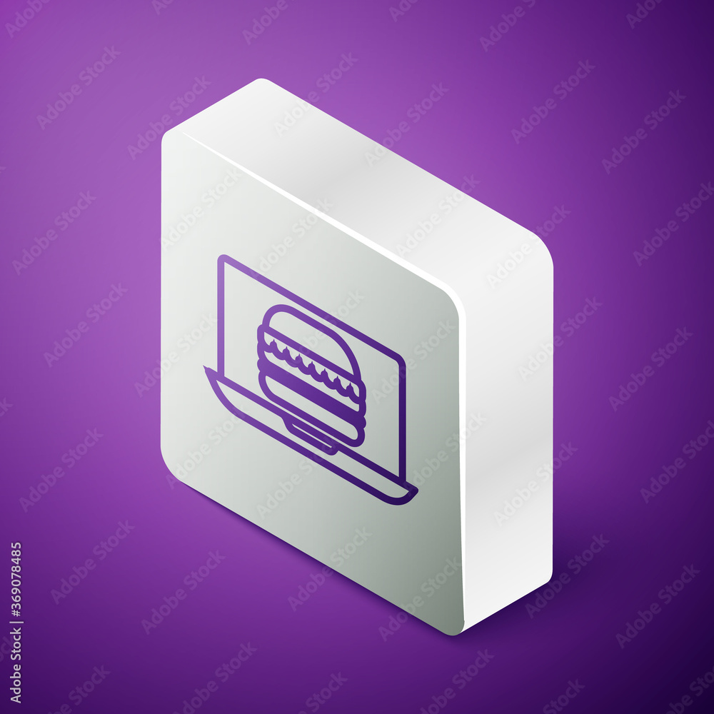 Isometric line Online ordering and burger delivery icon isolated on purple background. Silver square