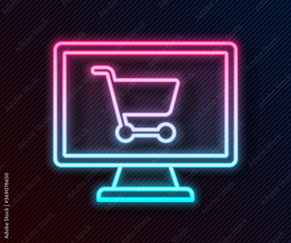 Glowing neon line Shopping cart on screen computer icon isolated on black background. Concept e-comm