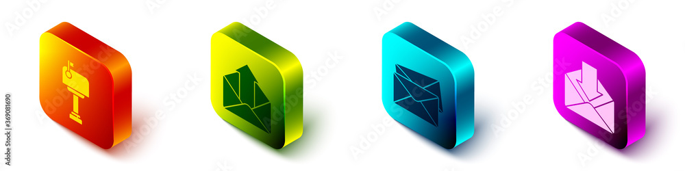 Set Isometric Mail box, Outgoing mail, Envelope and Envelope icon. Vector.