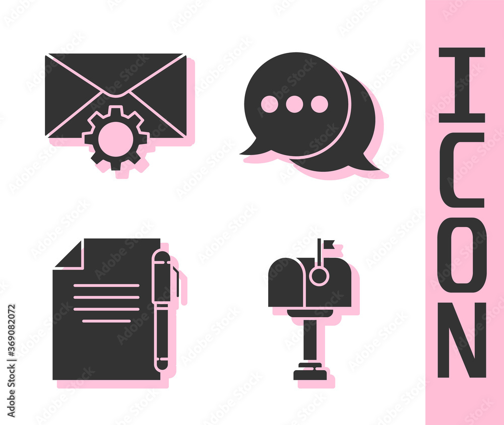 Set Mail box, Envelope setting, Document and pen and Speech bubble chat icon. Vector.