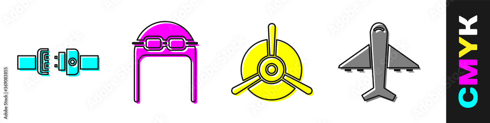 设置安全带、带护目镜的飞行员帽、飞机螺旋桨和飞机图标。矢量。