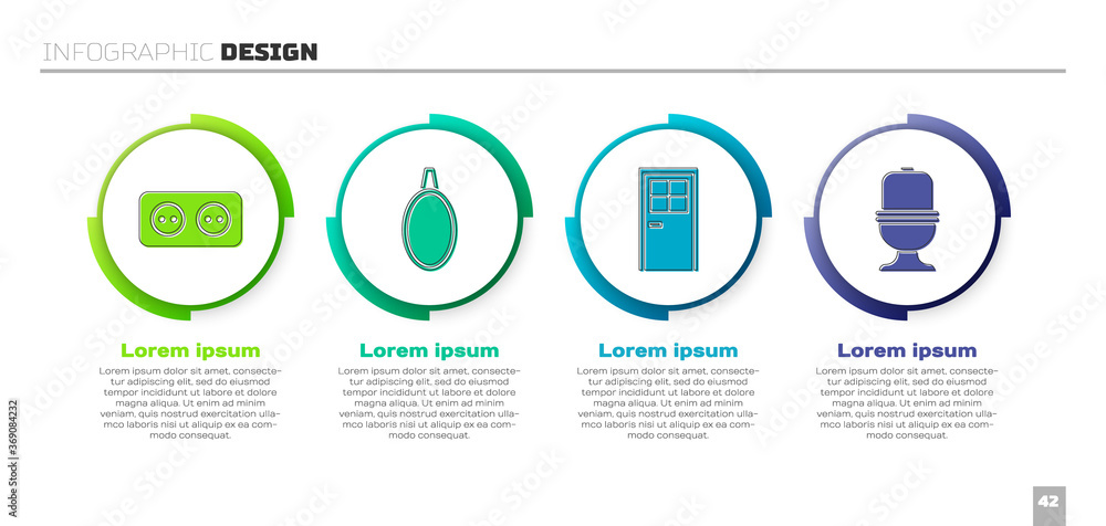 Set Electrical outlet, Mirror, Closed door and Toilet bowl. Business infographic template. Vector.