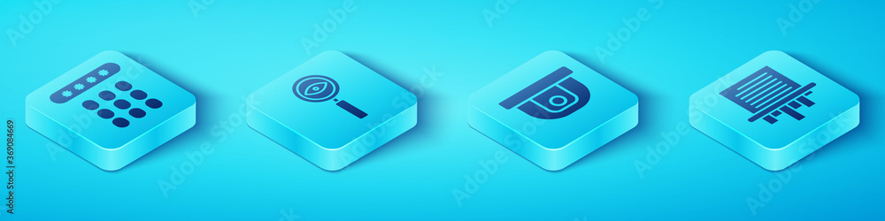 Set Isometric Password protection, Magnifying glass Search, Paper shredder and Motion sensor icon. V