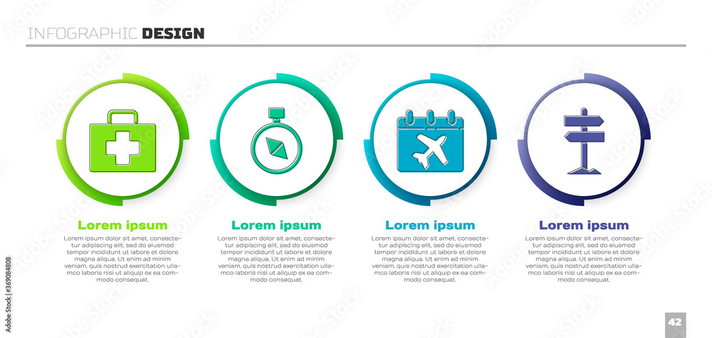 Set First aid kit, Compass, Calendar and airplane and Road traffic signpost. Business infographic te