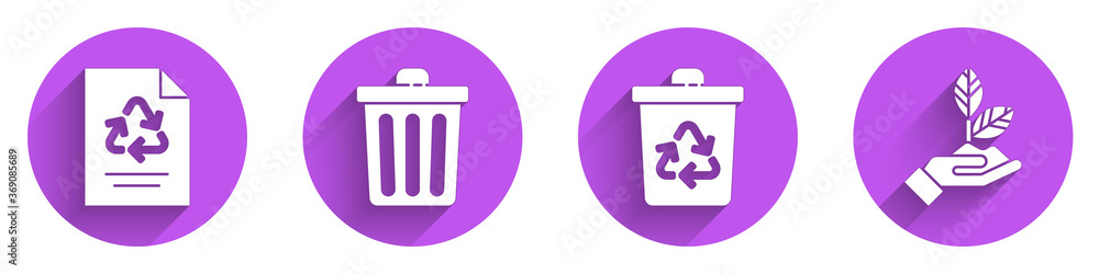 Set Paper with recycle, Trash can, Recycle bin with recycle and Plant in hand icon with long shadow.