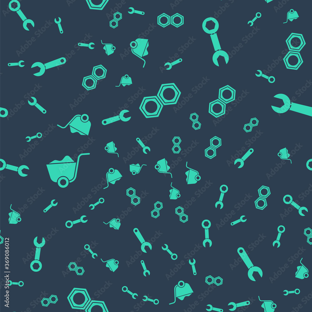 Set Hexagonal metal nut, Wrench spanner, Shovel and Wrench spanner on seamless pattern. Vector.