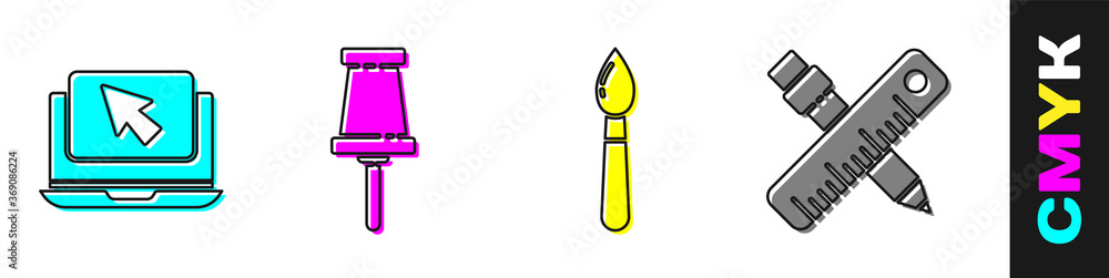 Set Laptop and cursor, Push pin, Paint brush and Crossed ruler and pencil icon. Vector.