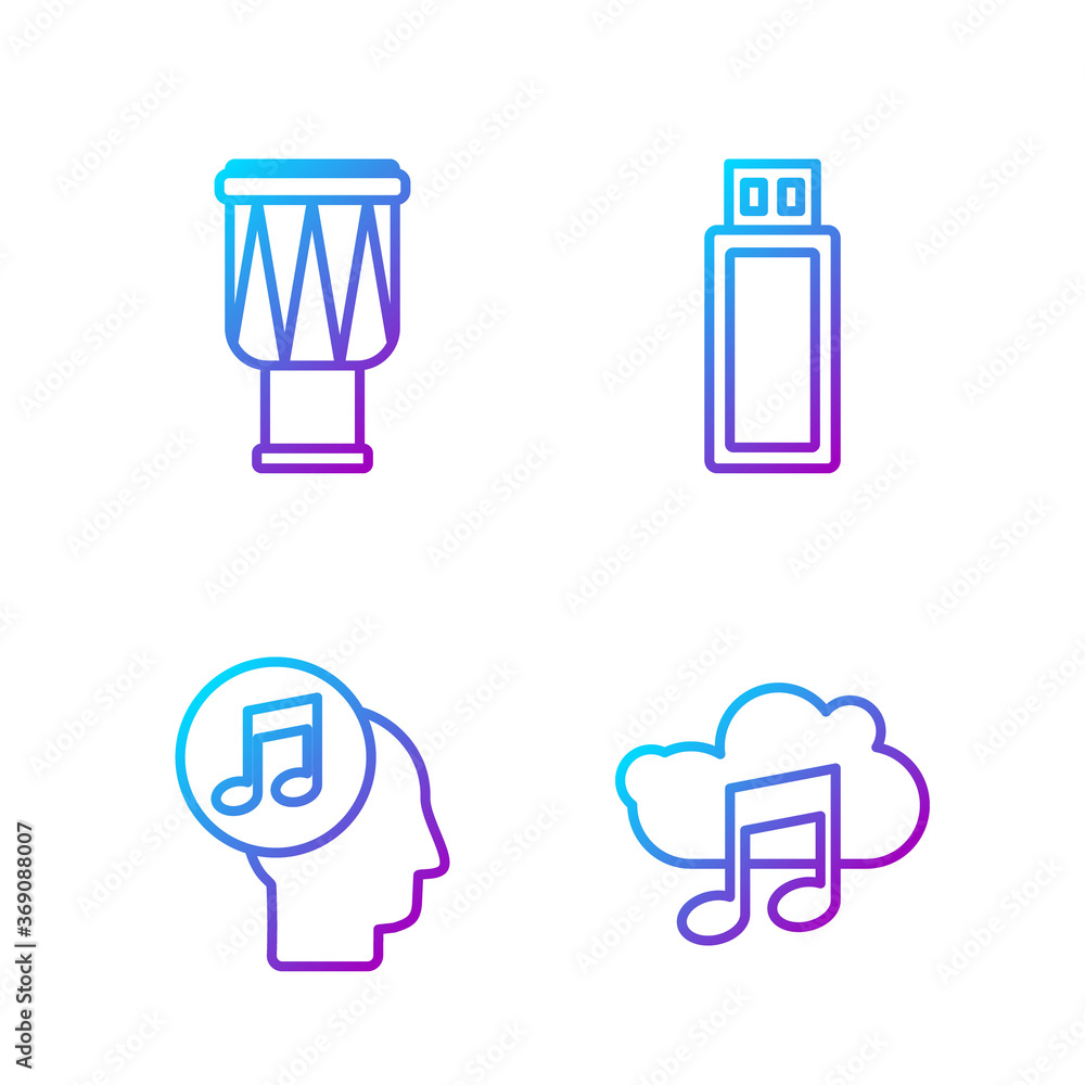 Set line Music streaming service, Musical note in human head, Drum and USB flash drive. Gradient col