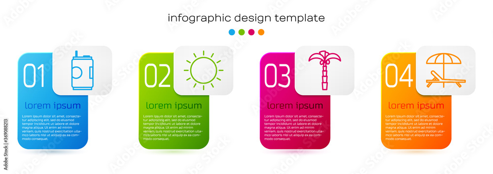 Set line Soda can, Sun, Tropical palm tree and Sunbed and umbrella. Business infographic template. V