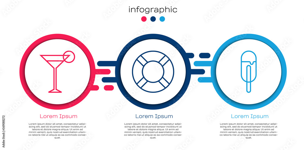 Set line Martini glass, Lifebuoy and Ice cream. Business infographic template. Vector.