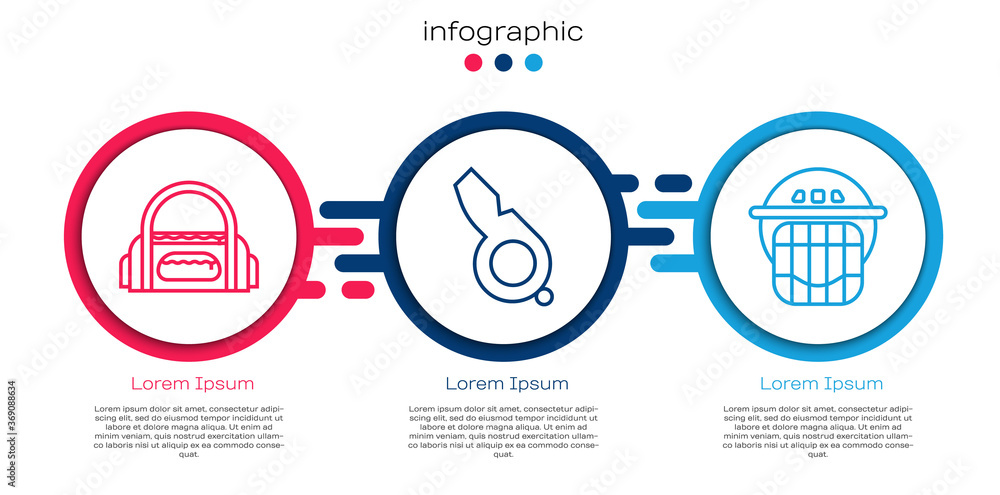 Set line Sport bag, Whistle and Hockey helmet. Business infographic template. Vector.