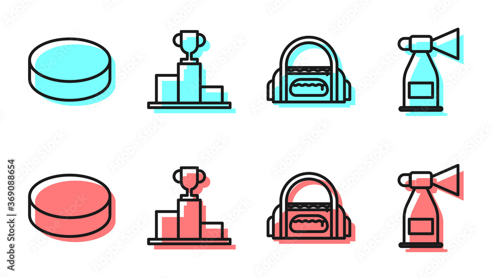 Set line Sport bag, Hockey puck, Hockey over sports winner podium and Air horn icon. Vector.