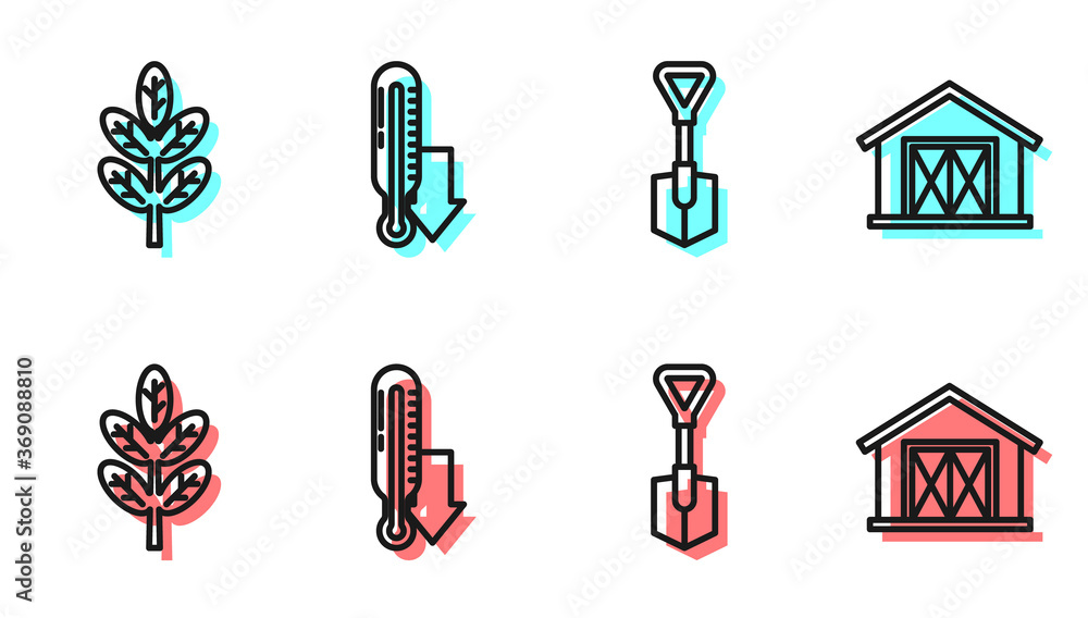 Set line Shovel, Leaf or leaves, Meteorology thermometer and Farm house icon. Vector.