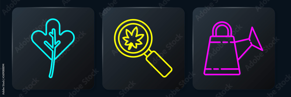 Set line Leaf or leaves, Watering can and Magnifying glass with leaf. Black square button. Vector.