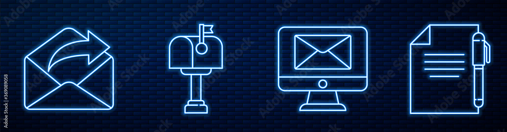 Set line Monitor and envelope, Outgoing mail, Mail box, Document and pen and Mail box. Glowing neon 