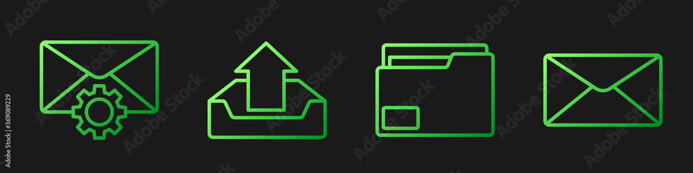 Set line Document folder, Envelope setting, Upload inbox and Envelope. Gradient color icons. Vector.