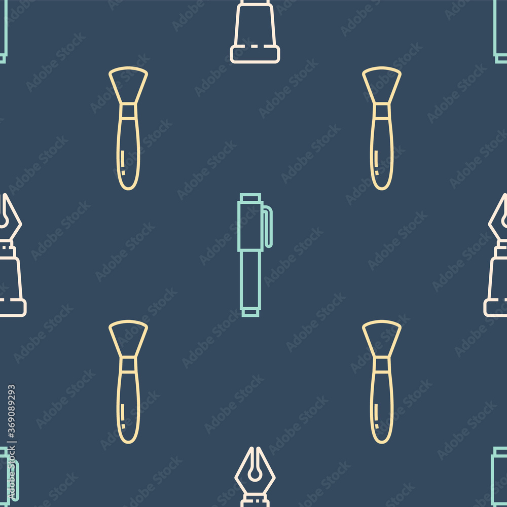 Set line Fountain pen nib, Paint brush and Pen on seamless pattern. Vector.