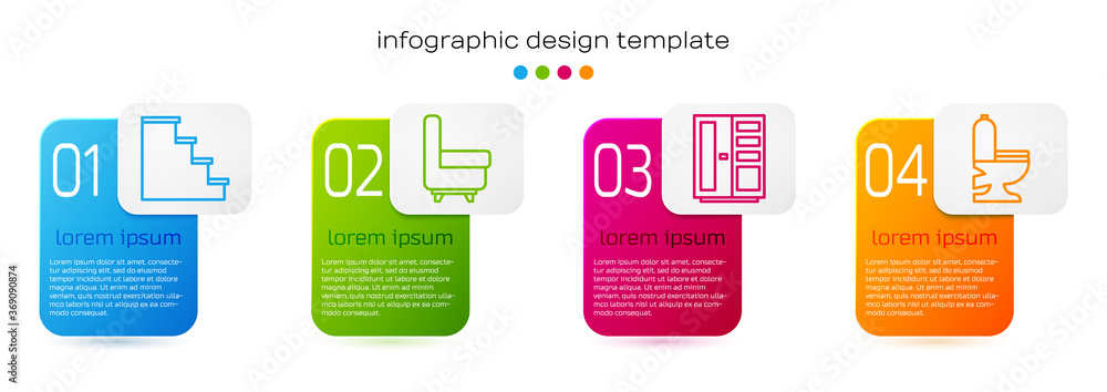 Set line Staircase, Armchair, Wardrobe and Toilet bowl. Business infographic template. Vector.